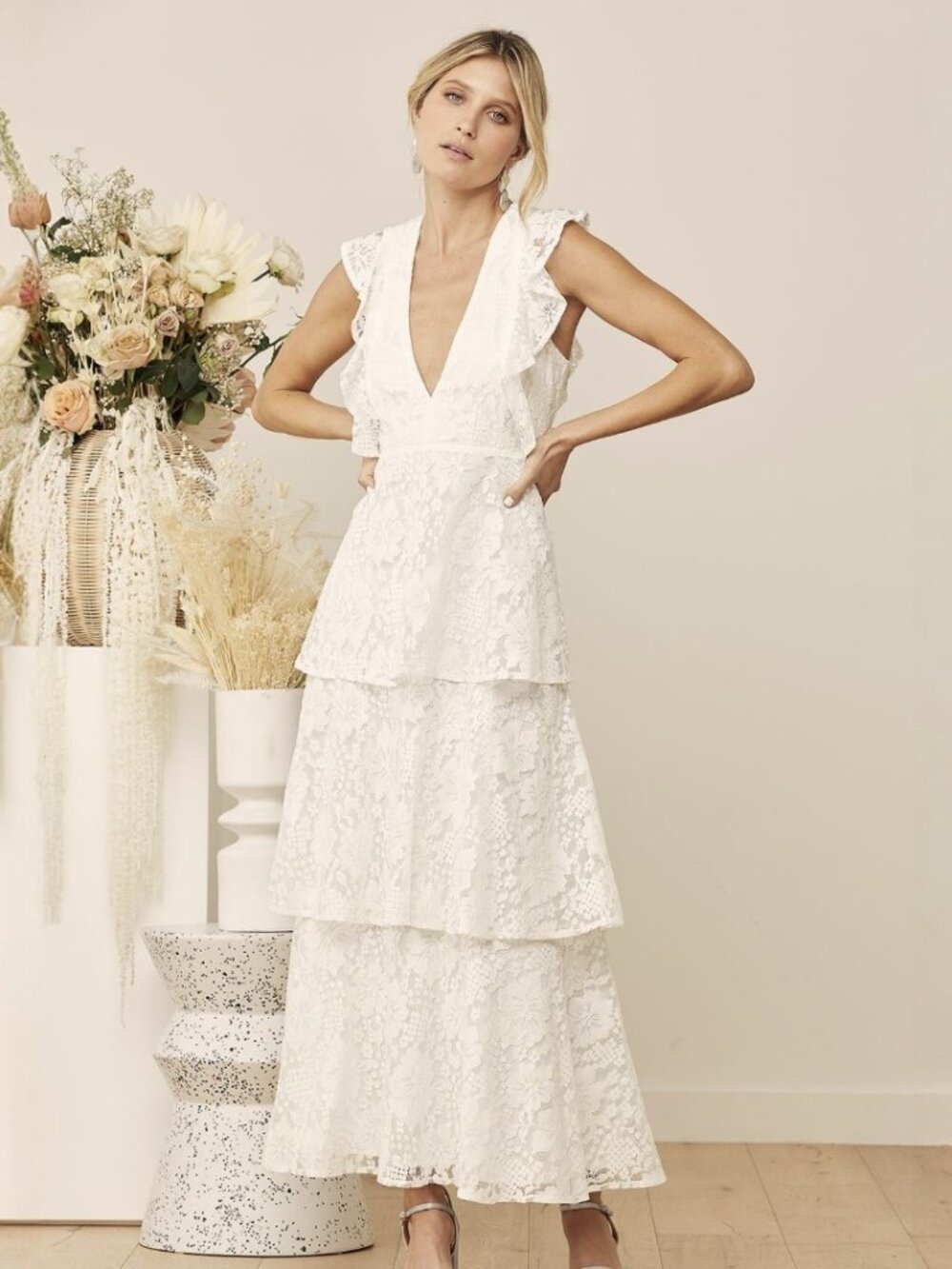 Lulus Molinetto White Lace Ruffled Tiered Sleeveless Maxi Dress​ NWT - Picture 6 of 12